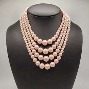 Vintage Pink Faux Pearl Necklace 4 Strand Graduated Japan 1950s Prom Bridal MCM